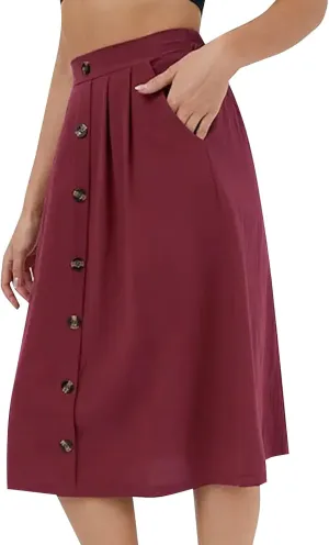 YOLAI Women A-Line Pleated Skirt Loose Button Down Business Work Skirt Flowy Swing High Waist Midi Skirt