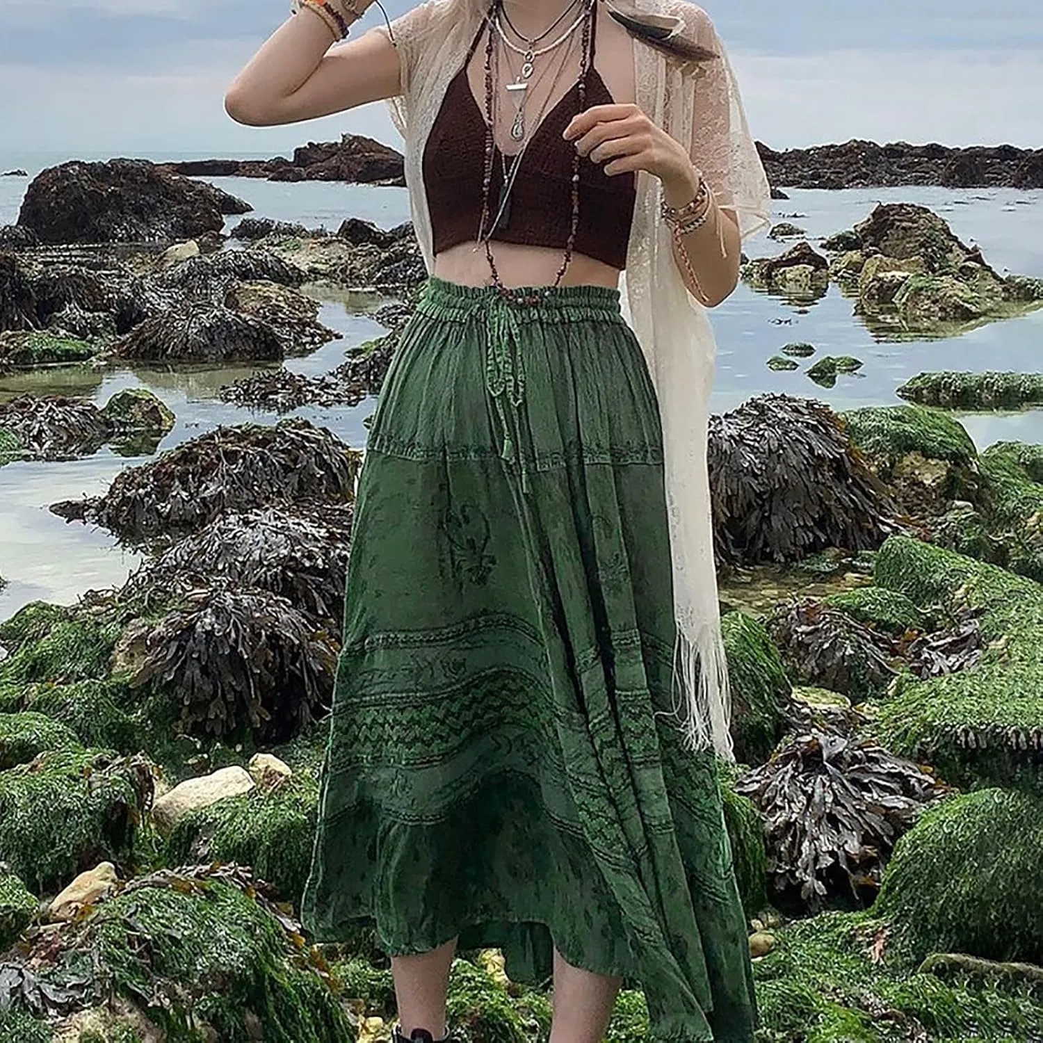 YOLAI Women's Summer Boho Maxi Skirts Elastic Waist A Line Flowy Long Skirts with Pockets