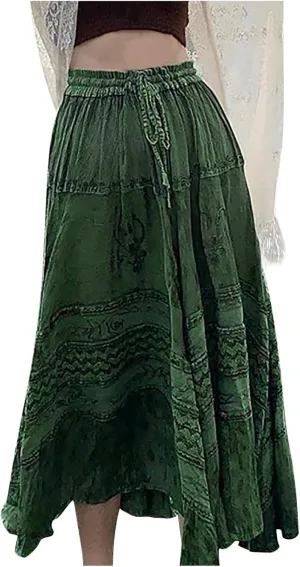 YOLAI Women's Summer Boho Maxi Skirts Elastic Waist A Line Flowy Long Skirts with Pockets