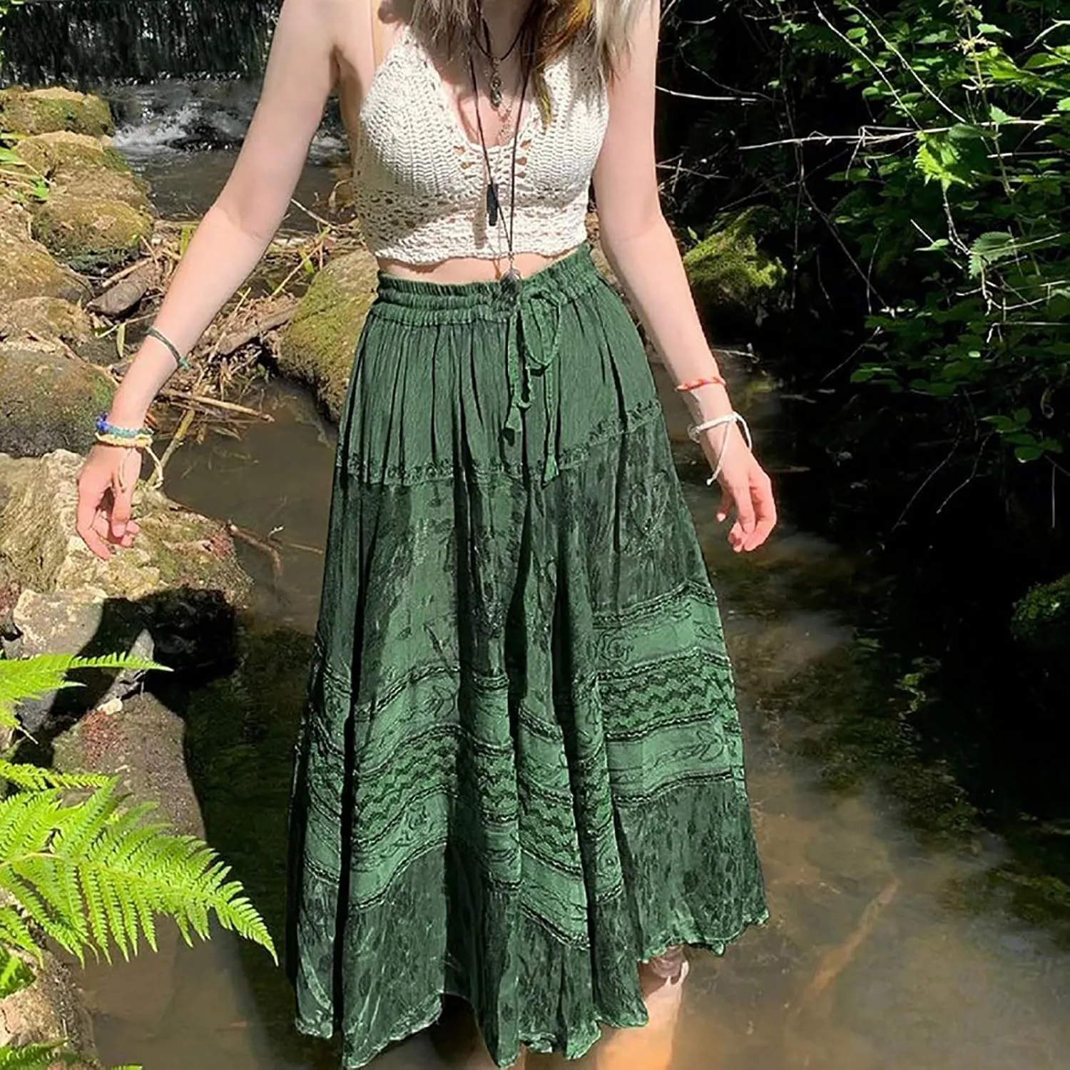 YOLAI Women's Summer Boho Maxi Skirts Elastic Waist A Line Flowy Long Skirts with Pockets